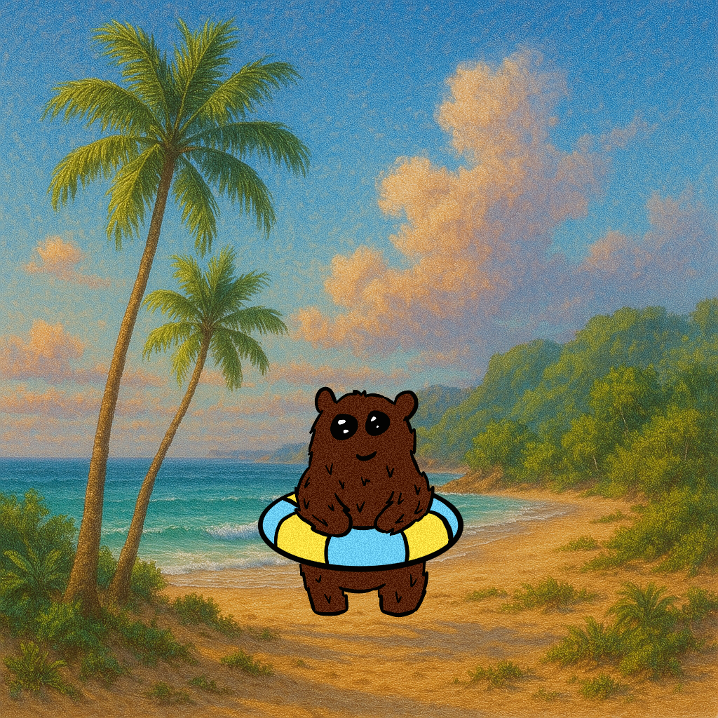 Babu in a life preserver on a tropical beach with palm trees