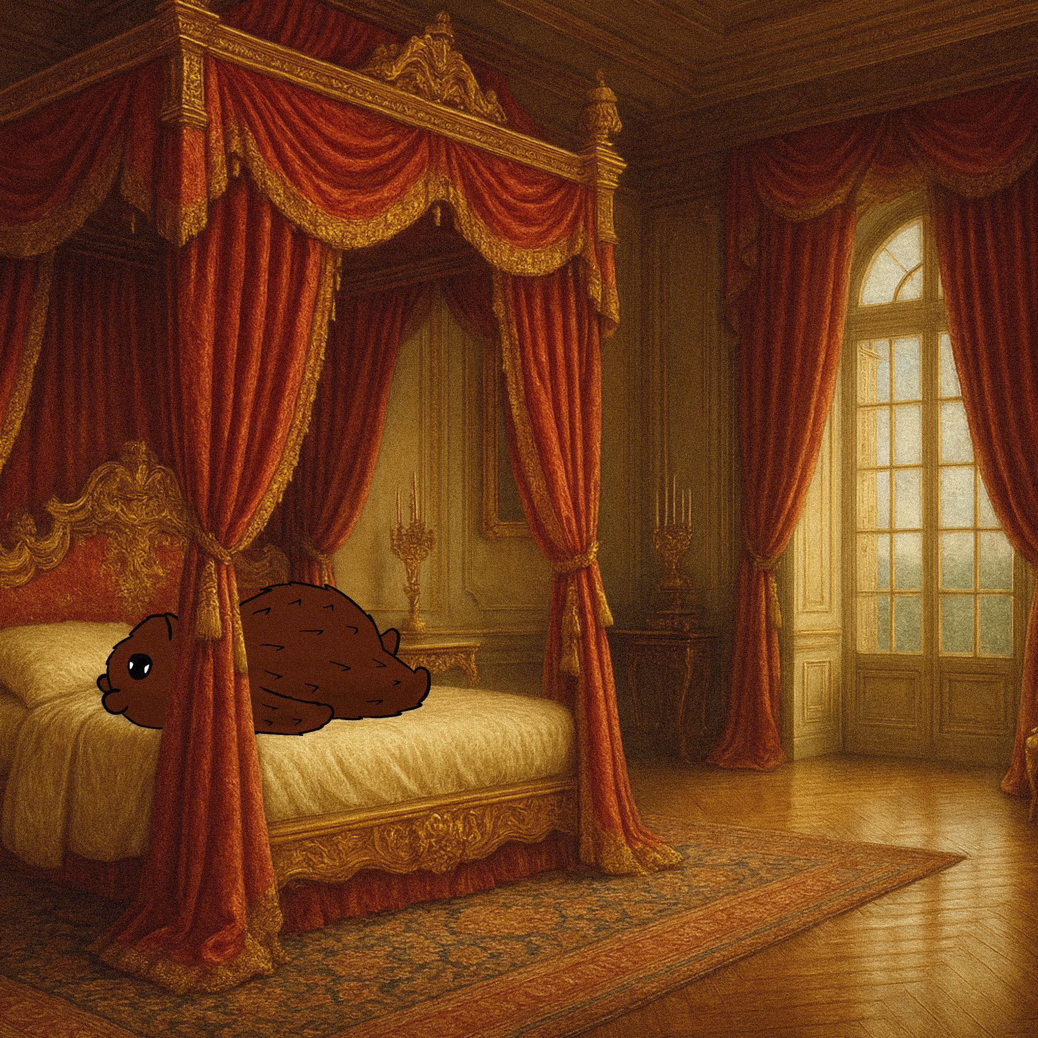 Babu relaxing on a luxurious canopy bed in an elegant bedroom