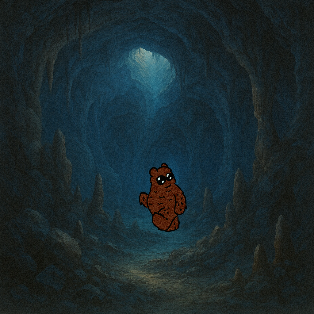 Babu in a mystical blue cave with light streaming from above