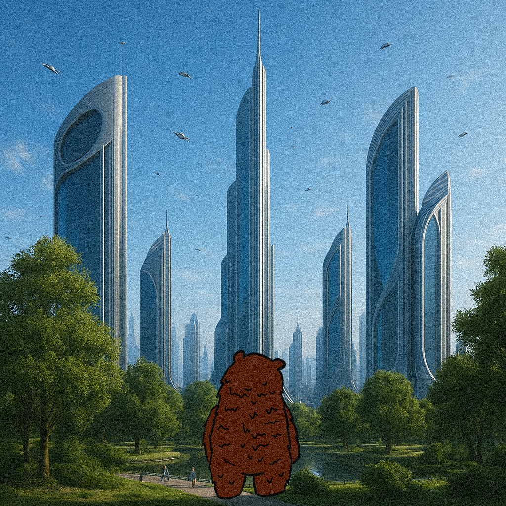Babu in a futuristic city park with tall sleek buildings