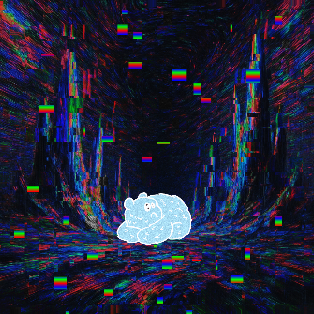 Babu in a psychedelic digital realm with colorful glitch effects