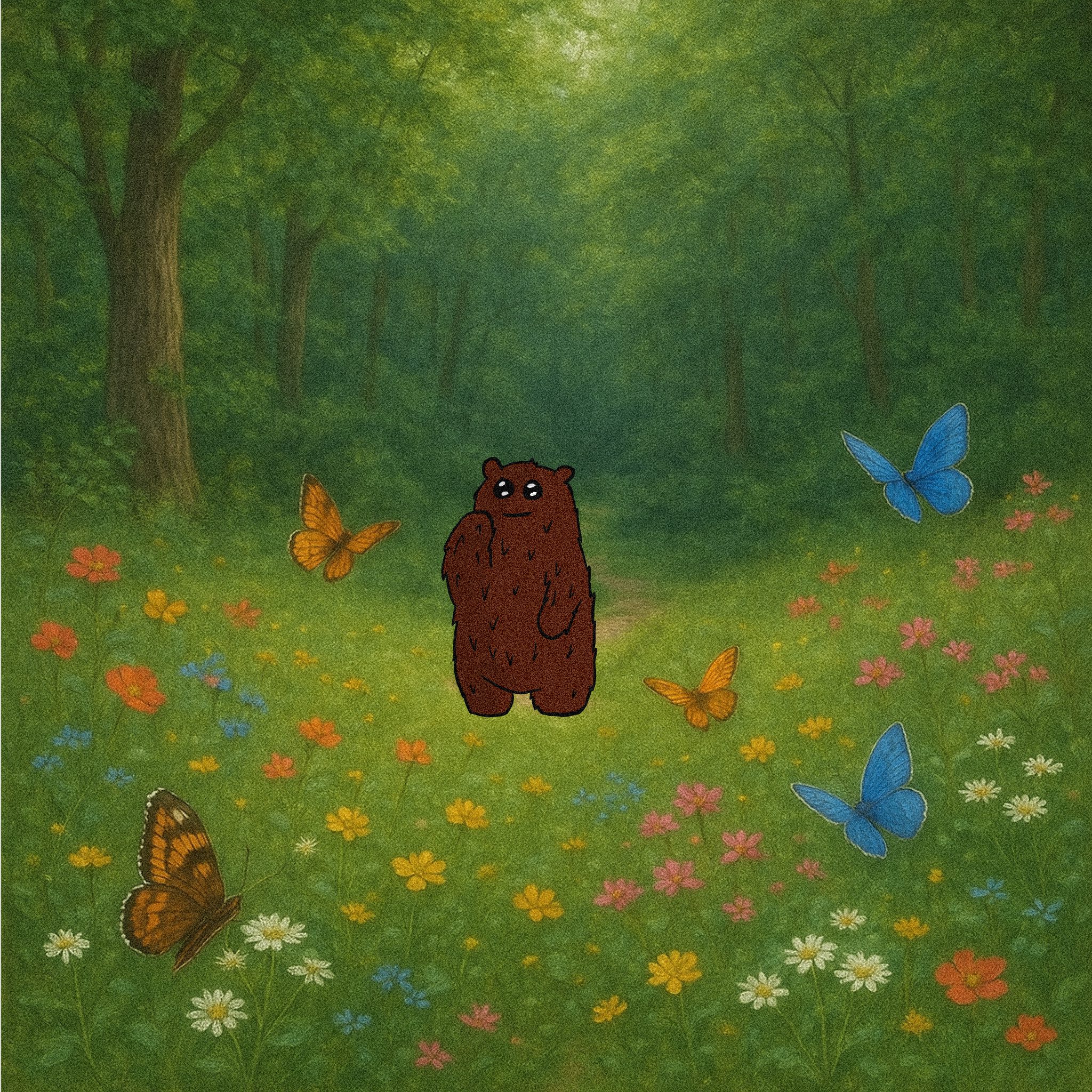 Babu in a lush forest surrounded by colorful butterflies and flowers