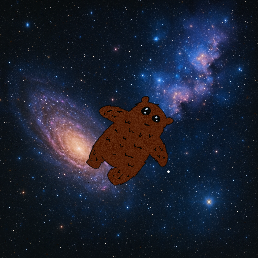 Babu floating in space among galaxies and stars
